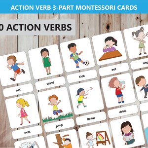 Cartões Montessori de 3 partes de verbos de ação, 20 cartões flash imprimíveis para crianças em idade pré-escolar, ensino em casa, aprendizagem em casa, PreK