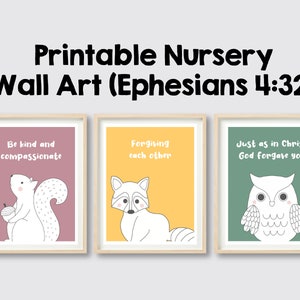 Christian Poster | Printable Nursery wall art | Ephesians 4:32 | Set of 3  | Bible Verse | Digital Instant Download | Woodland Creatures