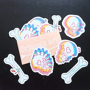 Lot de 5 stickers os - dessins originaux - papier autocollant fini glossy résistant à l'eau - original art - mignon