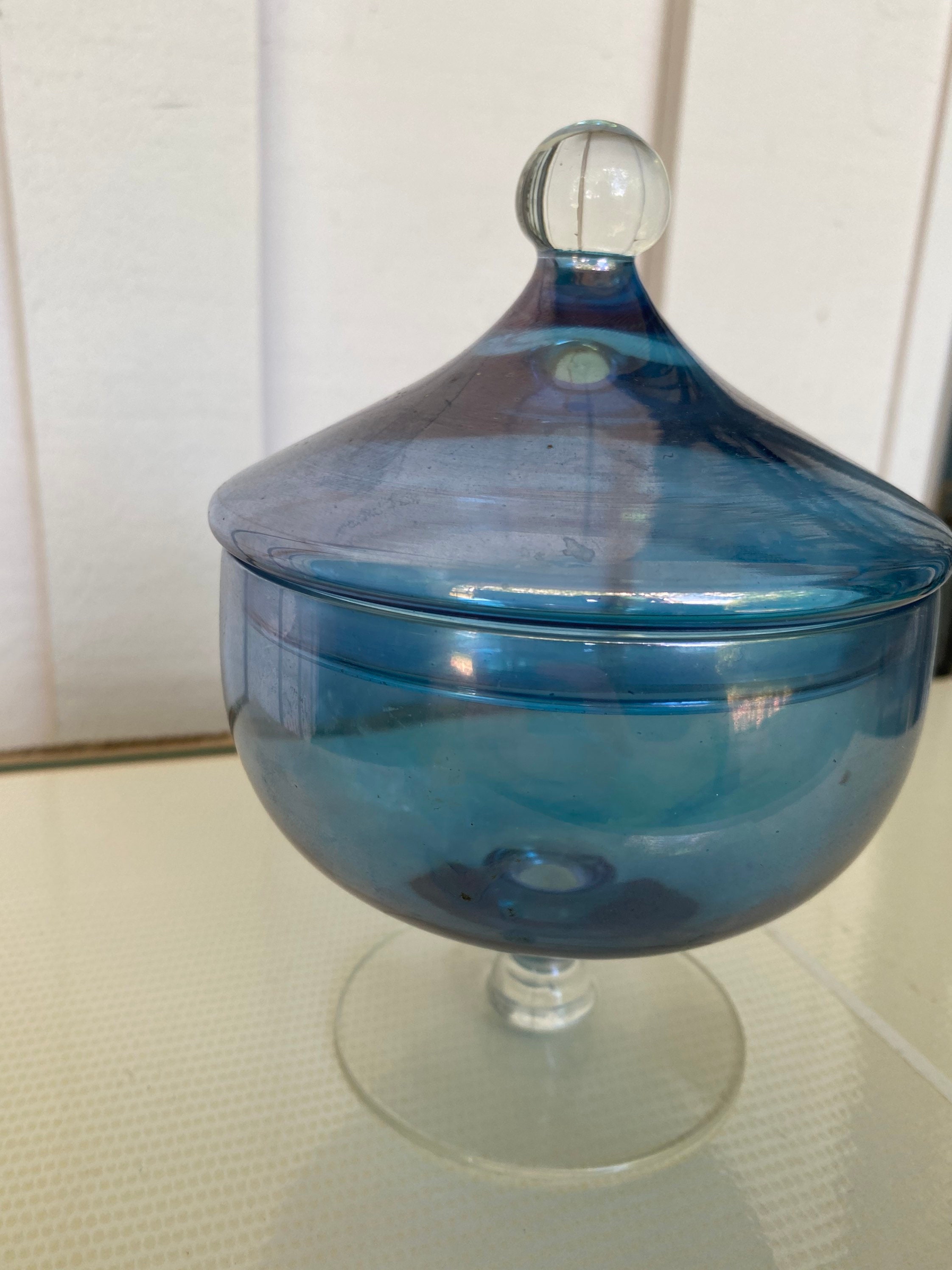 Vintage Turquoise Blue and Clear Glass Container / Decorative Etsy