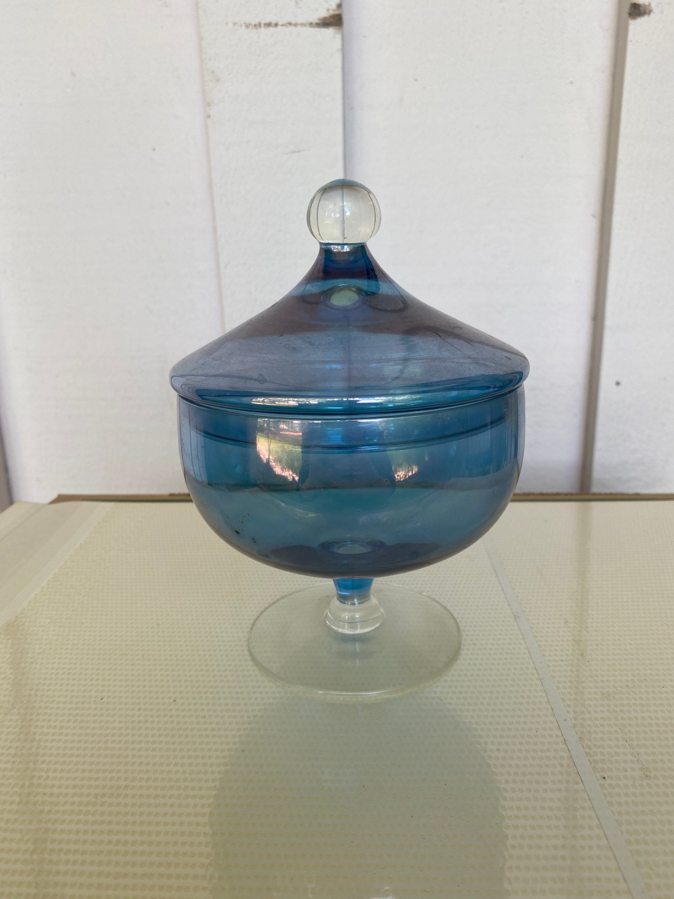 Vintage Turquoise Blue and Clear Glass Container / Decorative Etsy