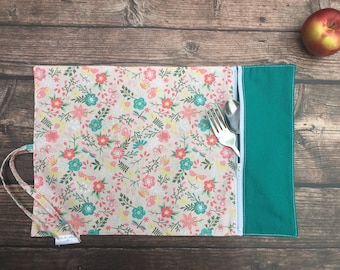 Floral children's placemat, placemat with pocket, lunch, zero waste, gift idea, reusable placemat, customizable