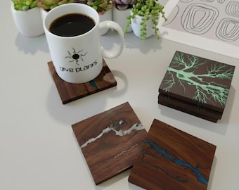 Custom set of Fractal Burn Walnut Coasters, epoxy inlay. Housewarming or Wedding gift