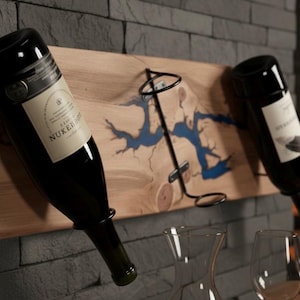 Wine bottle holder.  Live edge Lichtenberg Fractal filled with Epoxy Resin