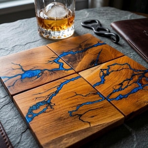 Fractal Burn Cedar Coasters, Blue Epoxy Inlay, Lichtenberg Figures