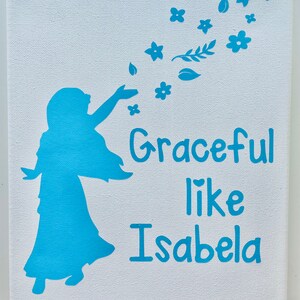May include: A white canvas with a blue silhouette of a person with their arms outstretched. The text "Graceful like Isabela" is written in blue below the silhouette.