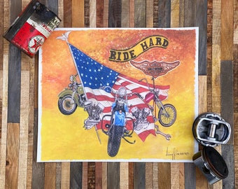 Harley Davidson Knucklehead Panhead Engine Chopper Motorcycle Ride Hard Art Print Picture from Original Painting Numbered Signature