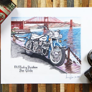 Harley Davidson Duo Glide Panhead San Francisco Bridge Motorcycle Art Print Picture from Original Painting Numbered Signature