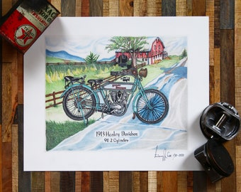 Harley Davidson 1913 Twin Cylinder Barn Motorcycle Art Print Picture from Original Painting Numbered Signature