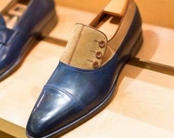 Men's Two Tone Leather Blue Tan Suede Button Shoes, Men Casual Button Shoes