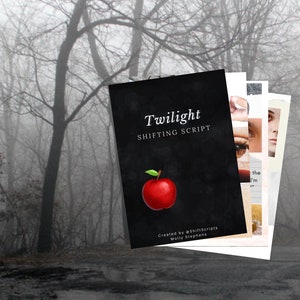 Puede incluir: Una guía imprimible en blanco y negro titulada "Twilight Shifting Script" con una ilustración de una manzana roja. La guía fue creada por @shift.scripts y Molly Stephens.