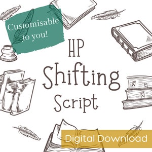 May include: A digital download of a HP Shifting Script font. The image features a variety of hand-drawn illustrations of books, feathers, and a quill pen. The text "HP Shifting Script" and "Digital Download" are also included in the image.