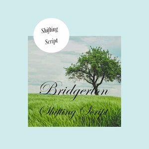 Puede incluir: Un campo verde con un árbol solitario en el medio. El texto "Bridgerton Shifting Script" está escrito en cursiva en el campo.