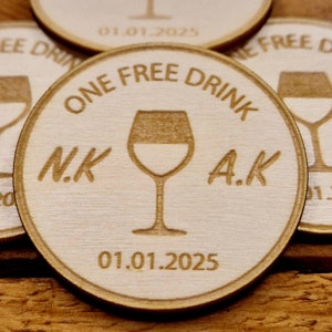 Fichas para bebidas de boda gratis / Fichas para bebidas de madera personalizadas / Recuerdos únicos para el día de la boda / Fichas de bar personalizadas