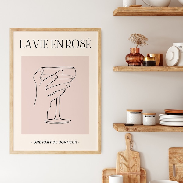 La Vie en Rosé Wall Art Kitchen Print, French Museum Poster, Wine Quote, Pink Parisian Decor Bar Cart Art, Girly Prints, Champagne Printable