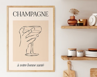 French Drink Wall Art Champagne Print, Wine Decor for Kitchen, Printable Bar Art, Cheers Poster, French Kitchen Decor, Dining Room Wall Art