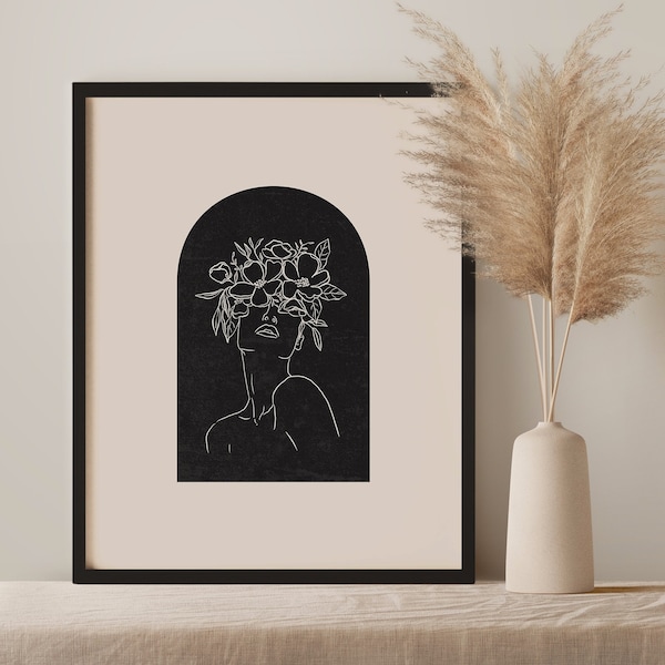 Line Art Woman Flowers Head Black Wall Art, One Line Drawing Woman Face, Head of Flowers Print Black Boho Decor, Neutral Arch Print