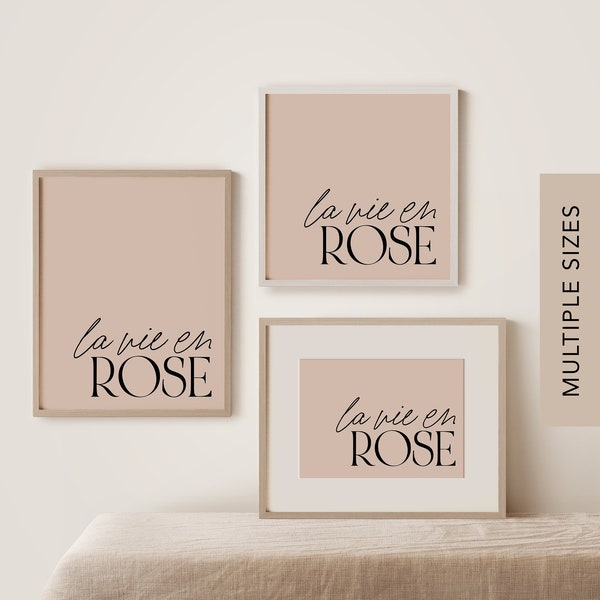 La Vie en Rose Print Horizontal, Blush Pink French Poster, Edith Piaf's Song, Modern Typography Wall Art, Minimalist Romantic Pastel Decor