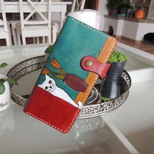 Handgefertigte Damen Geldbörse aus Leder, Geschenk für Katzenliebhaber