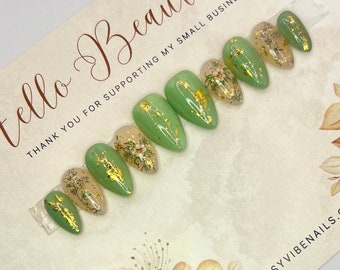 Sage, Spring Nails, Green and Gold nails, Green Spring nails, Floral Nails, Luxury Press On Nails, ClassyVibeNails, Glam Nails