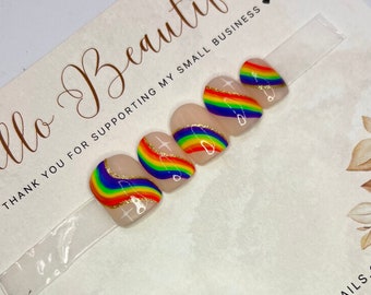 Rainbow Party, Hand Drawn Rainbow Press On Nails, LGBTQIA Pride Nails, Luxury Fake Nails,  Press On Nails, Quick to Ship Nails