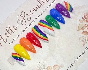 Chasing Rainbows, Hand Drawn Rainbow Press On Nails, LGBTQIA Pride Nails, Luxury Fake Nails,  Press On Nails, Quick to Ship Nails