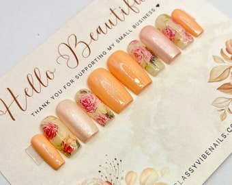 Peachy As Roses, Peach Press On Nails, Spring Nails, Glam Press On Nails, Floral Nails