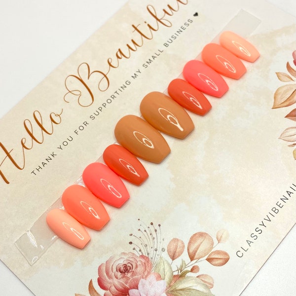 Coral Bliss, Shades of Orange , Ombre Press On Nails, Orange Nails, Coral Nails, Quick to ship nails, Luxury Nails, Fall Nails
