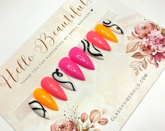 Zette, Neon Abstract Nails, Pink Orange Coral Press On Nails, Quick to Ship Nails, Glam Press On Nails, Hand Drawn Art