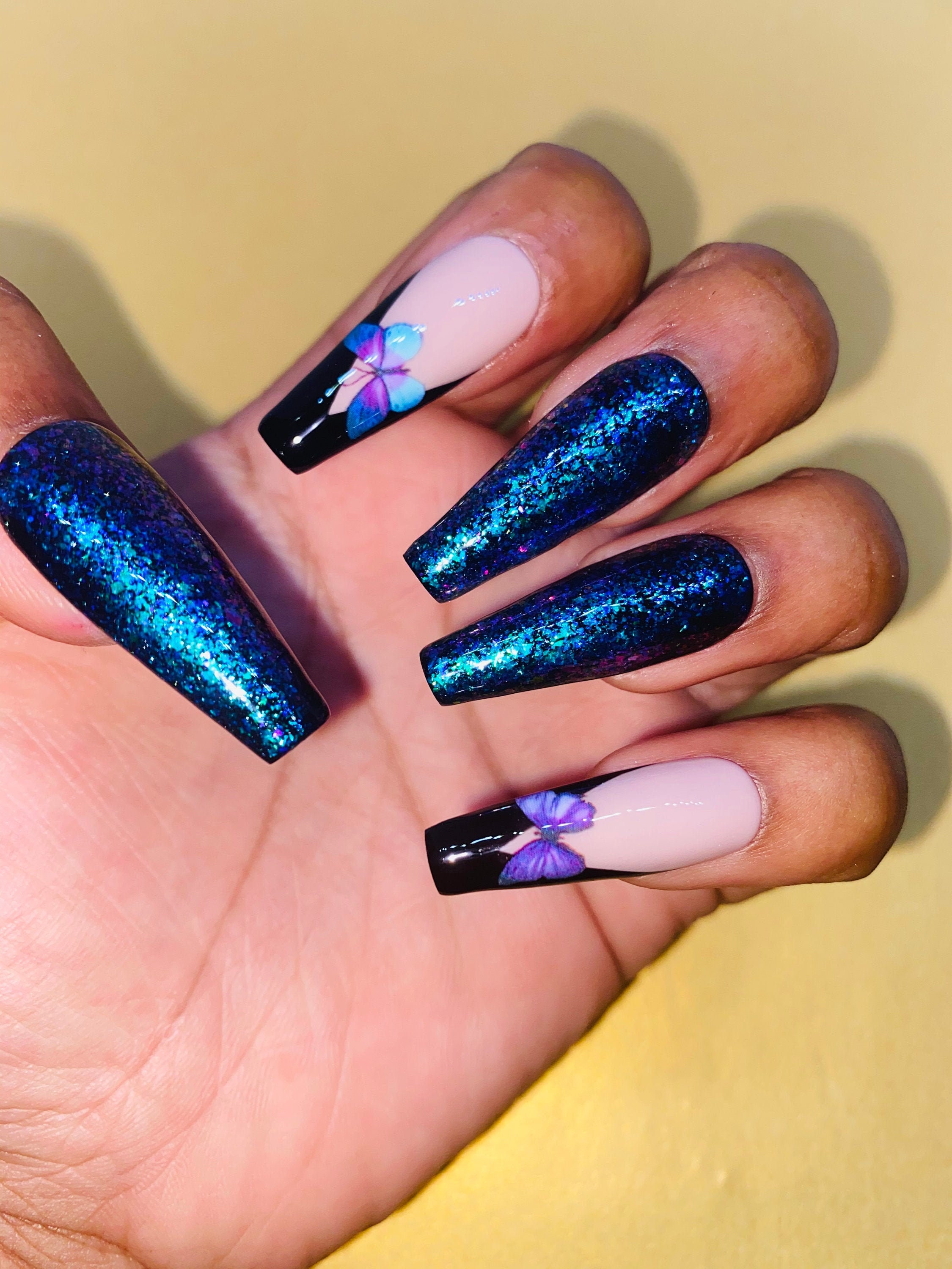 Phenomenal Woman Black French V Tip Nails Purple Blue Etsy