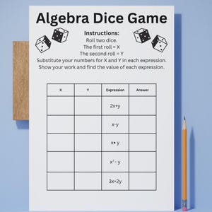 Mattespel för årskurs 6 | Algebra-substitutionsspel med tärningar | Övningsaktivitet med uttryck | Matematikarbetsblad för mellanstadiet | Utskrivbar PDF