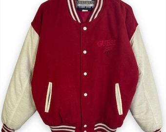 稀少 GUESS 90s USA製 バックロゴ ムートンボアジャケット XL Vintage 90s Guess USA Leather Bomber Jacket Size XL Hip hop