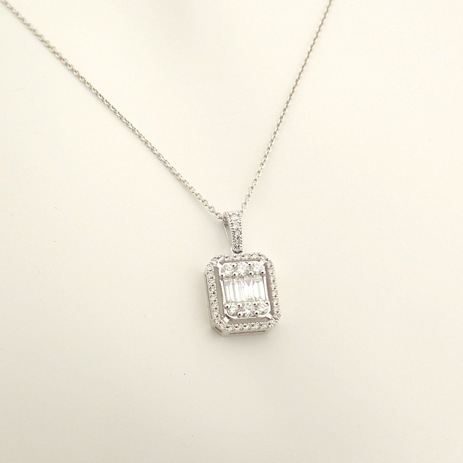 14K White Gold Baguette Diamond Necklace/Emerald Cut Illusion Etsy