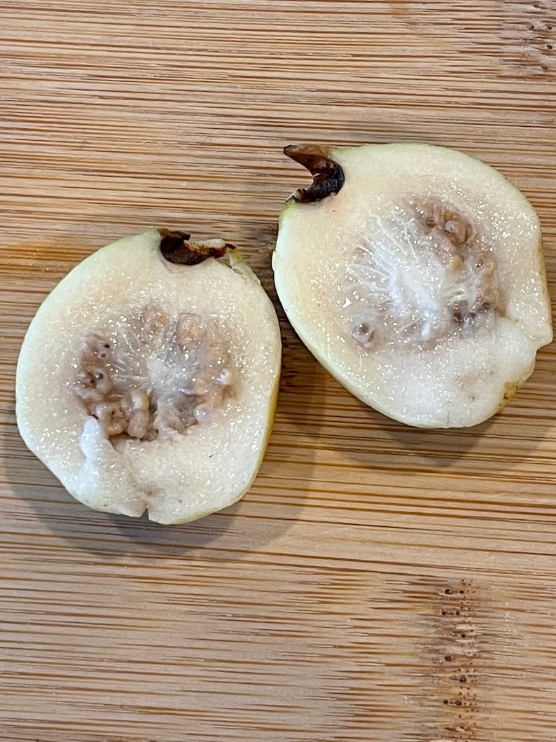 May include: Two halves of a white guava fruit, cut lengthwise, showing the white flesh and brown seeds. The fruit is on a light brown wooden cutting board.
