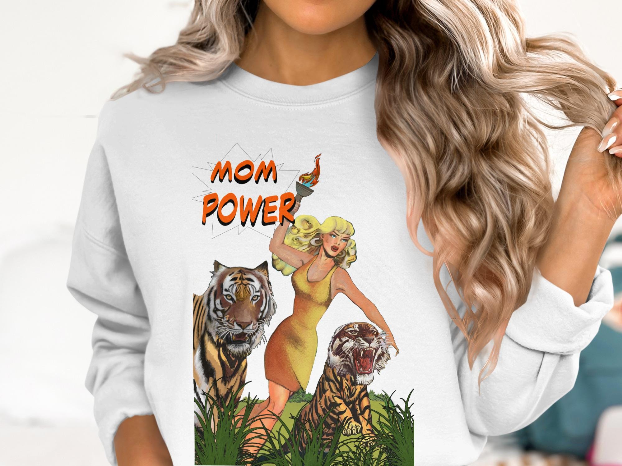 Vintage Artful Decor of Mom Power Tshirt Design, Strong-Women-Quote, Tiger Graphics, Comic Art Tshirt Designs | Vintage Art Wall Art |