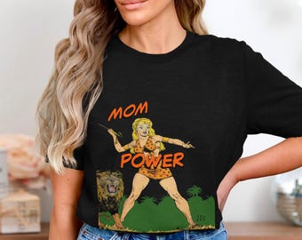 Mom Power Vintage Comics Shirt, Strong-Woman-Quote, Downloading PNG, Vintage Jungle Decor, Tiger Vintage Shirt Design | 3 Freebies