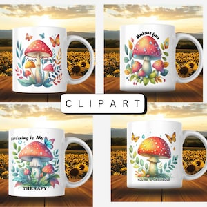 Imágenes prediseñadas de decoración de bosque con hongos, arte caprichoso, mariposas y hongos, recolección de hongos, PNG para amantes de los hongos, decoración retro con hongos