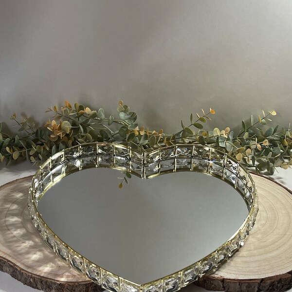 Heart Gold Crystal Mirror Tray, 31cm