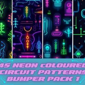 May include: 45 neon coloured circuit patterns bumper pack 1. A set of digital seamless patterns featuring neon coloured circuit board designs.
