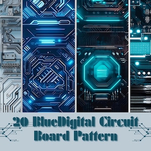 Może przedstawiać: Cztery pionowe panele prezentujące wzory cyfrowych płytek drukowanych w odcieniach niebieskiego i szarego. Projekty zawierają skomplikowane linie, geometryczne kształty i świecące niebieskie akcenty. Tekst "20 BlueDigital Circuit Board Pattern" znajduje się na dole.