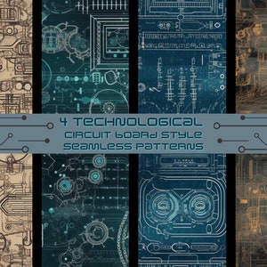 Può includere: Quattro motivi senza cuciture con design di circuiti stampati tecnologici. I motivi presentano intricati disegni a tratteggio in tonalità di verde acqua, marrone e oro. Il testo "4 Technological Circuit Board Style Seamless Patterns" è visualizzato.