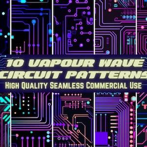 Puede incluir: Diez patrones de circuitos digitales en estilo vaporwave. Los patrones son sin costuras y presentan colores neón como rosa, azul y verde sobre un fondo negro. El texto "10 VAPOUR WAVE CIRCUIT PATTERNS" está en fuente amarilla sobre una pancarta azul.