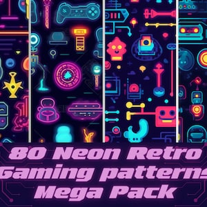 May include: A set of 80 neon retro gaming patterns in a mega pack. The patterns feature bright colors and pixelated designs of video game characters, controllers, and other retro gaming elements.