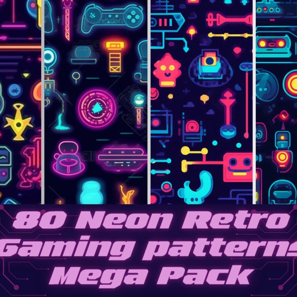 80 x High-Quality Neon Retro Gaming Seamless Patterns - Downloadable Digital Paper Pack for Crafting & Projects