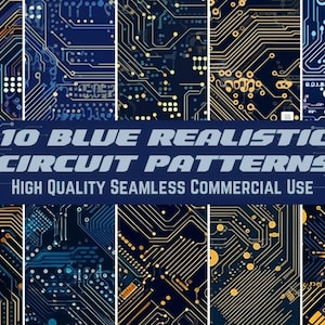 May include: Ten blue realistic circuit patterns, high quality seamless commercial use. The patterns are made up of blue and yellow lines and circles.