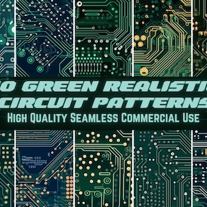 Puede incluir: Una colección de diez patrones de circuitos realistas verdes. La imagen presenta una variedad de diseños de placas de circuito con líneas y componentes intrincados. El texto dice: "10 GREEN REALISTIC CIRCUIT PATTERNS HIGH QUALITY SEAMLESS COMMERCIAL USE."