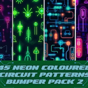 May include: 45 neon colored circuit patterns bumper pack 2. A set of four digital seamless patterns featuring neon colored circuit board designs. The patterns are in shades of pink, blue, green, and purple.
