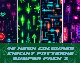 HQ Neon Circuit Board Seamless Patterns Pack 2 – Unique Downloadable Paper Pack for Craft Projects, Scrapbooking & Design – 45 Patterns