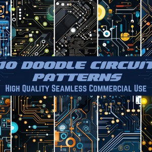 May include: A digital illustration featuring ten circuit board patterns in diverse colours, such as blue, orange, and green, set against a dark backdrop. The text reads "10 DOODLE CIRCUIT PATTERNS" and "HIGH QUALITY SEAMLESS COMMERCIAL USE".