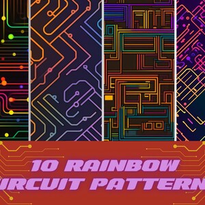 Può includere: Dieci motivi di schede a circuito arcobaleno colorati. I motivi sono composti da linee e forme in vari colori, tra cui rosso, arancione, giallo, verde, blu, indaco e viola.